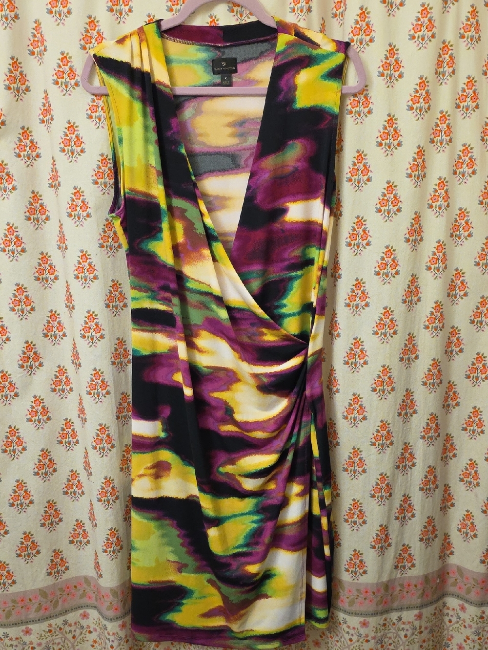 Worthington Sleeveless Midi Dress in Purple, Green & Yellow Abstract Print